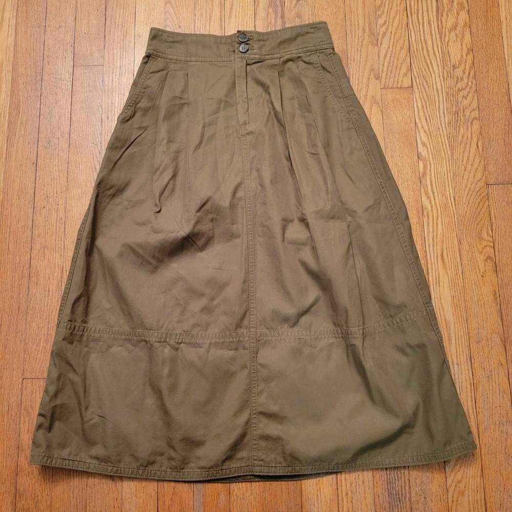 Gap 0 Maxi Skirt Olive Green Cotton Twill Pleated High‎ Waist Utility Modest